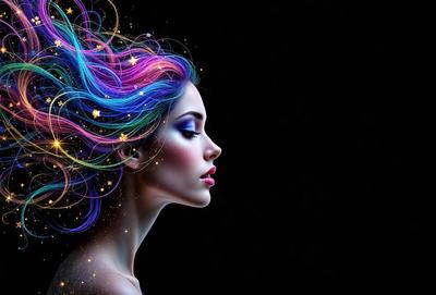 The primary subject of the image is a woman with a colorful, rainbow-colored hairstyle. She is looking at the camera, and her lips are painted red. The setting is a dark background, which contrasts with the vibrant colors of her hair. The visual style of the image is a digital art or illustration, showcasing the woman's unique and eye-catching hairstyle. The colors and mood of the image are lively and energetic, with the woman's hair